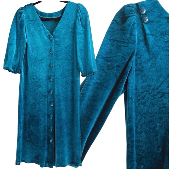 Jodi Michaels Vintage Dress M Back Buttons Puff Sleeves Velvet Turquoise Green - Picture 2 of 16